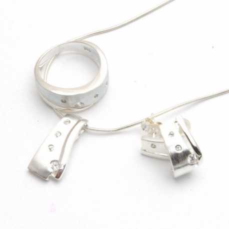 ketting, hanger, ring (16) en oorbellen, zilver met Swarovski (1 set)