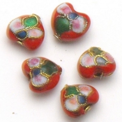 Cloisonne kraal, hartje, rood, 10 mm (5 st.)