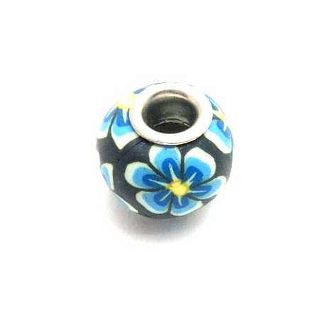 Polymeerkraal met groot rijggat, donkerblauw met bloempje (1 st.)