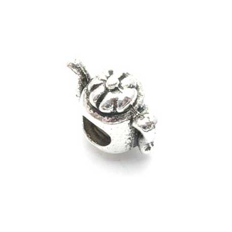 Metalen kraal met groot rijggat, zilver, theepotje (1 st.)