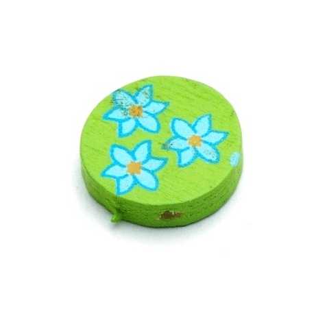 Houten kraal, rond, groen met blauw bloempje, 15 mm (10 st.)