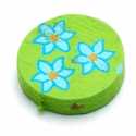 Houten kraal, rond, groen met blauw bloempje, 15 mm (10 st.)