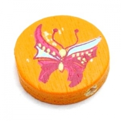 Houten kraal, rond, oranje met roze vlinder, 16 mm (10 st.)