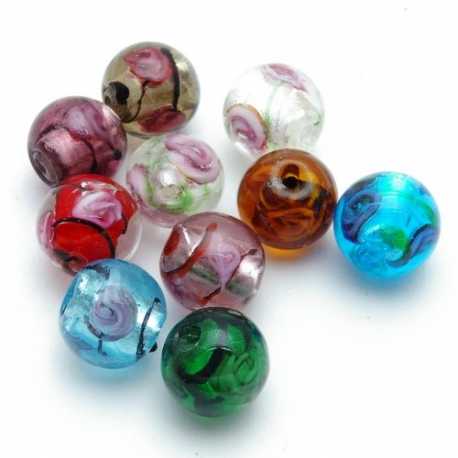 Glaskraal, rond, diverse kleuren met zilverfolie, 12 mm (8 st)