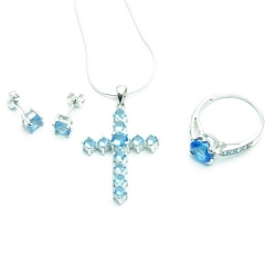 Ketting, oorbellen en armband, sterling zilver met lichtblauwe zirkonia (1 st.)