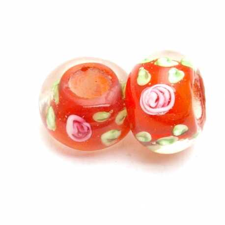Glaskraal met groot rijggat, oranje met roze roosjes (1 st.)