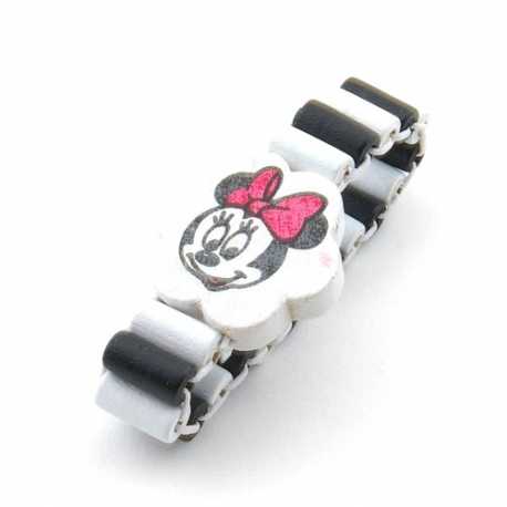 Houten kinderarmband, elastiek, zwart/wit, Minnie Mouse