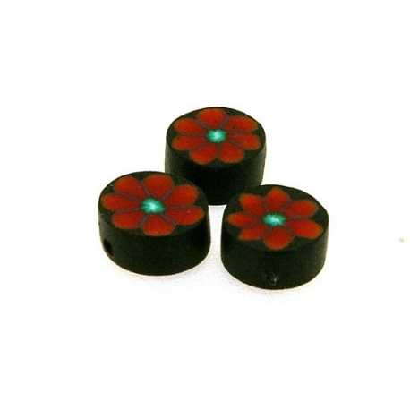 Fimokraal, rond, bloemetje, zwart/rood (streng)