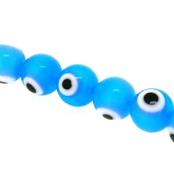 Glaskraal, rond, turquoise, 'oog', 10 mm (streng)
