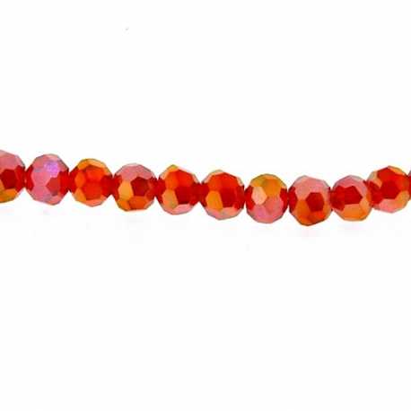 Glaskraal, rond, facetten, rood, AB, 4 mm (1 streng)