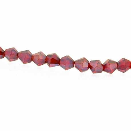 Glaskraal, bicone, facetten, rood, AB, 4 mm (1 streng)