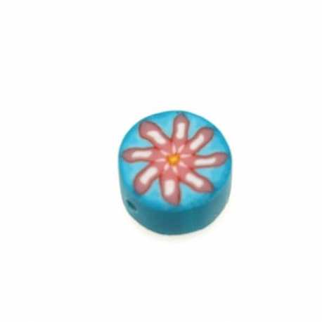 Fimokraal, rond, bloemetje, turquoise, 10 mm (streng)