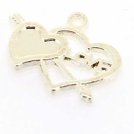 Metaal, hanger, hart met pijl, 'LOVE', zilver, 18 x 22 mm (5 st.)