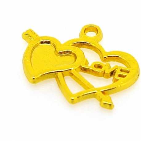 Metaal, hanger, hart met pijl, 'LOVE', goud, 18 x 22 mm (5 st.)
