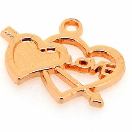 Metaal, hanger, hart met pijl, 'LOVE', roségoud, 18 x 22 mm (5 st.)