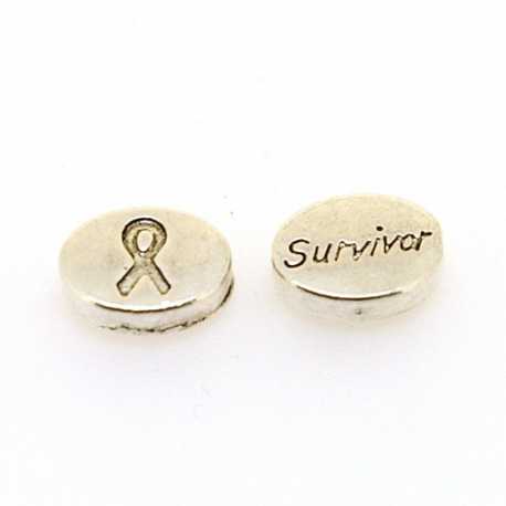 Metalen kraal, ovaal, zilver, pink ribbon lintje/'Survivor', 11 x 8 mm (5 st.)