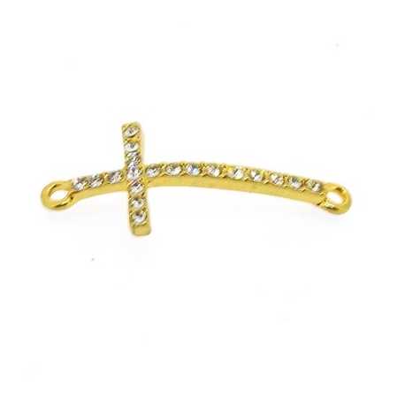 Metaal, tussenstuk, goud, kruis met strass, gebogen, 32 mm (1 st.)
