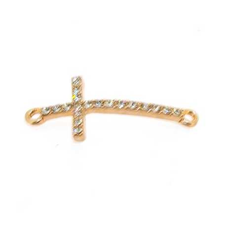 Metaal, tussenstuk, roségoud, kruis met strass, gebogen, 32 mm (1 st.)