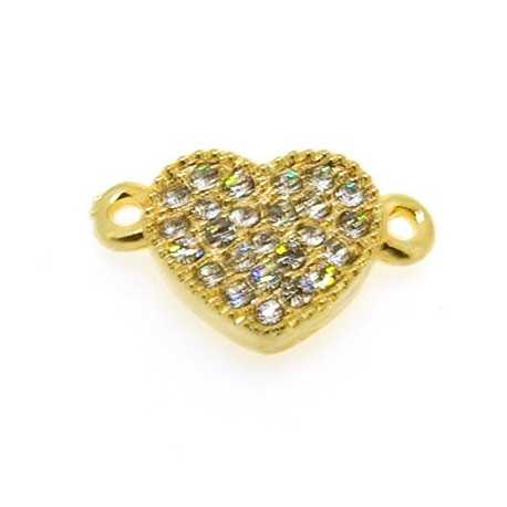 Metaal, tussenstuk, goud, hartje met strass, gebogen, 18 mm (1 st.)