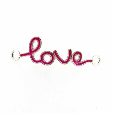 Metaal, tussenstuk, zilver, emaille, fuchsia, 'Love', gebogen, 40 mm (3 st.)