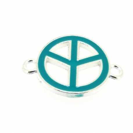 Metaal, tussenstuk, zilver, emaille, petrol, Peace teken, gebogen, 25 mm (3 st.)