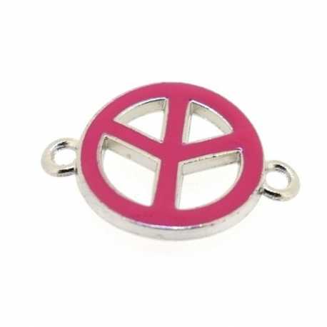 Metaal, tussenstuk, zilver, emaille, fuchsia, Peace teken, gebogen, 25 mm (3 st.)