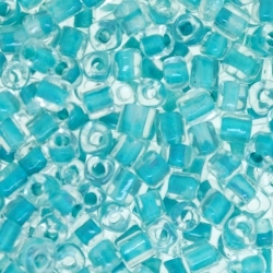 Glas, rocailles, transparant met blauw kern, vierkant, ca. 3,5 mm (50 gr.)
