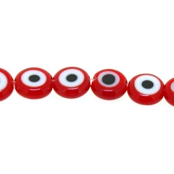 Glaskraal, rond, plat, Turks oog, rood, 8 mm (streng)