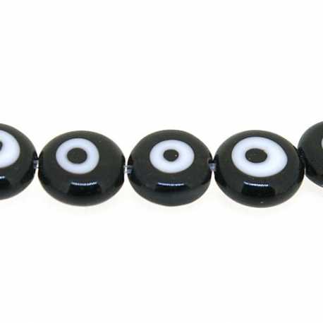 Glaskraal, rond, plat, Turks oog, zwart, 8 mm (streng)