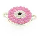 Metaal, tussenstuk, zilver, roze steentjes, twee oogjes, 17 x 12 mm (3 st.)