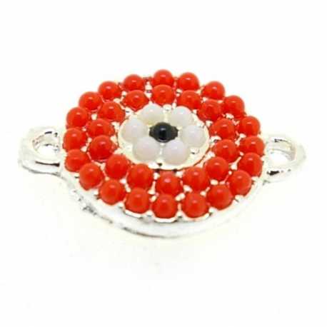 Metaal, tussenstuk, zilver, oranje steentjes, twee oogjes, 17 x 12 mm (3 st.)