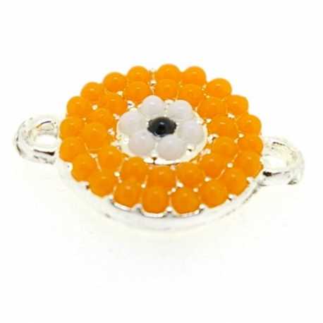 Metaal, tussenstuk, zilver, licht oranje steentjes, twee oogjes, 17 x 12 mm (3 st.)