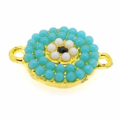 Metaal, tussenstuk, goud, turquoise steentjes, twee oogjes, 17 x 12 mm (3 st.)