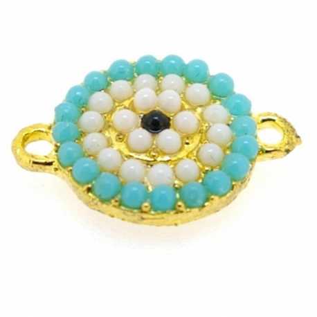 Metaal, tussenstuk, goud, wit/turquoise steentjes, twee oogjes, 17 x 12 mm (3 st.)