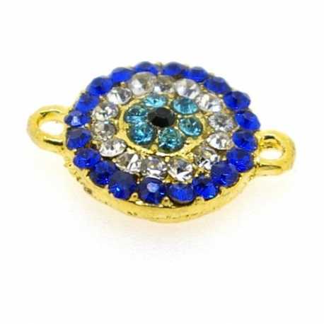 Metaal, tussenstuk, goud, donkerblauw/zilver steentjes, twee oogjes, 17 x 12 mm (3 st.)