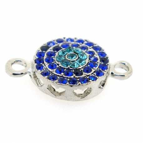 Metaal, tussenstuk, zilver, donkerblauw/turquoise, hartjesrand, twee oogjes, 25 x 15 mm (3 st.)