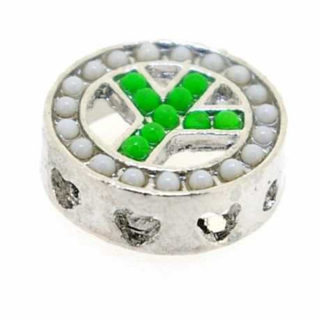 Metalen kraal, zilver, wit/groene steentjes, hartjesrand, 16 x 6 mm (3 st.)