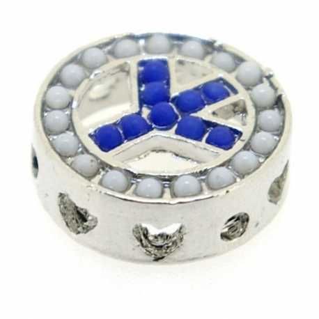 Metalen kraal, zilver, wit/blauwe steentjes, hartjesrand, 16 x 6 mm (3 st.)