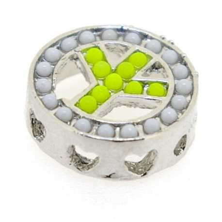 Metalen kraal, zilver, wit/limegroene steentjes, hartjesrand, 16 x 6 mm (3 st.)