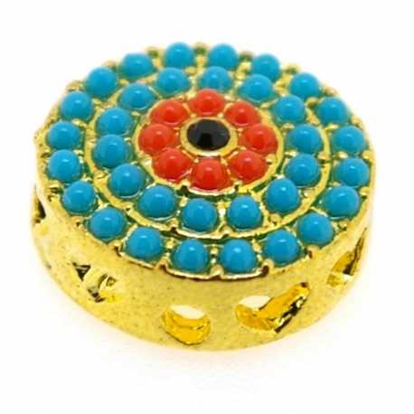 Metalen kraal, goud, turquoise/oranje steentjes, hartjesrand, 16 x 6 mm (3 st.)