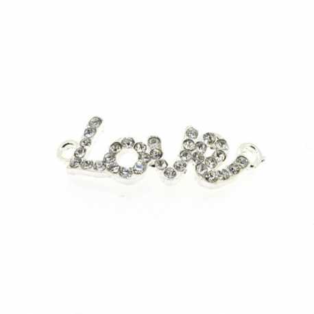 Metaal, tussenstuk, zilver, 'Love', strass, twee oogjes, 30 x 10 mm (3 st.)