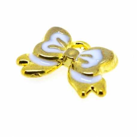 Metaal, bedel, goud, wit emaille, strikje, 10 x 14 mm (5 st.)