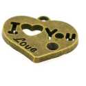 Metaal, bedel, antique goud, hartje, 'I love you', 18 mm (5 st.)