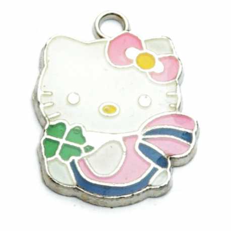 Metaal, bedel, Hello Kitty, klavertje-4, roze, 23 mm (1 st.)