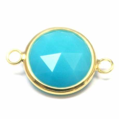 Metaal, tussen- montagestuk, rond, verguld, facet, lichtblauw, 24 mm (1 st.)