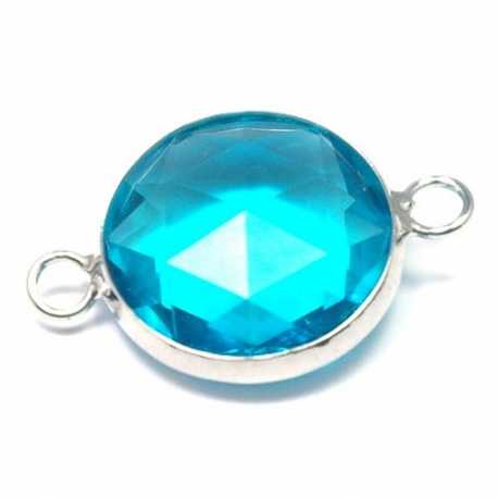 DQ metaal, tussen- montagestuk, rond, zilver, facet, blauw, 24 mm (1 st.)