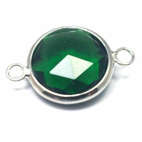 DQ metaal, tussen- montagestuk, rond, zilver, facet, donkergroen, 24 mm (1 st.)