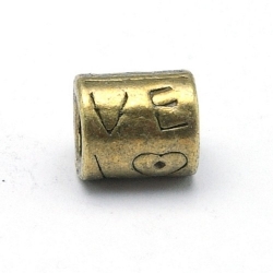 DQ metaal, leerschuiver, antique goud, LOVE, 9 x 8 mm, rijggat 4,5 mm (5 st.)