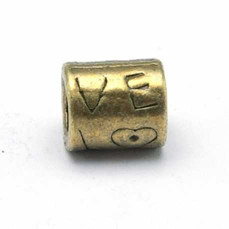 DQ metaal, leerschuiver, antique goud, LOVE, 9 x 8 mm, rijggat 4,5 mm (5 st.)