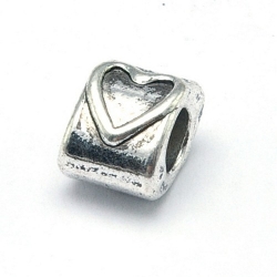 DQ metaal, leerschuiver, zilver, hart, 7 x 10 mm, rijggat 4 mm (5 st.)